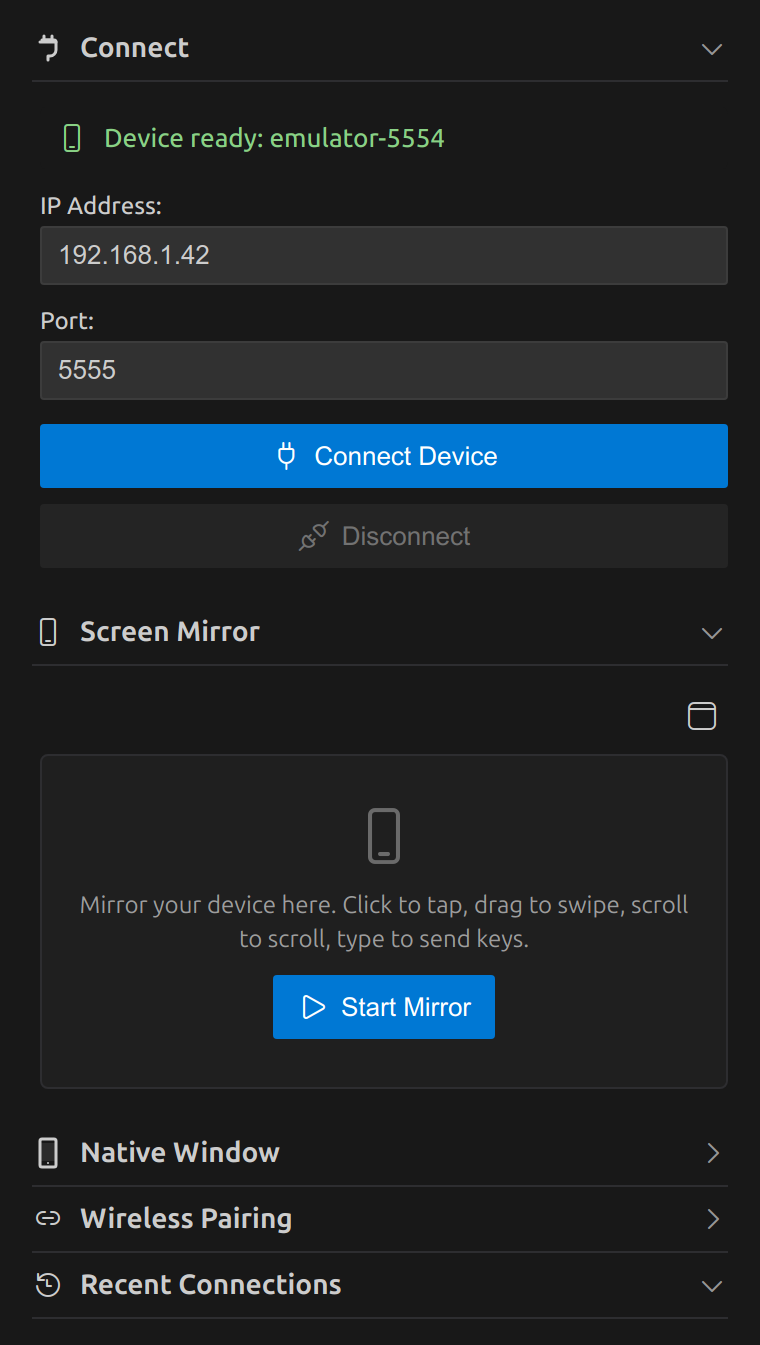 Sidebar before mirroring, with a device ready