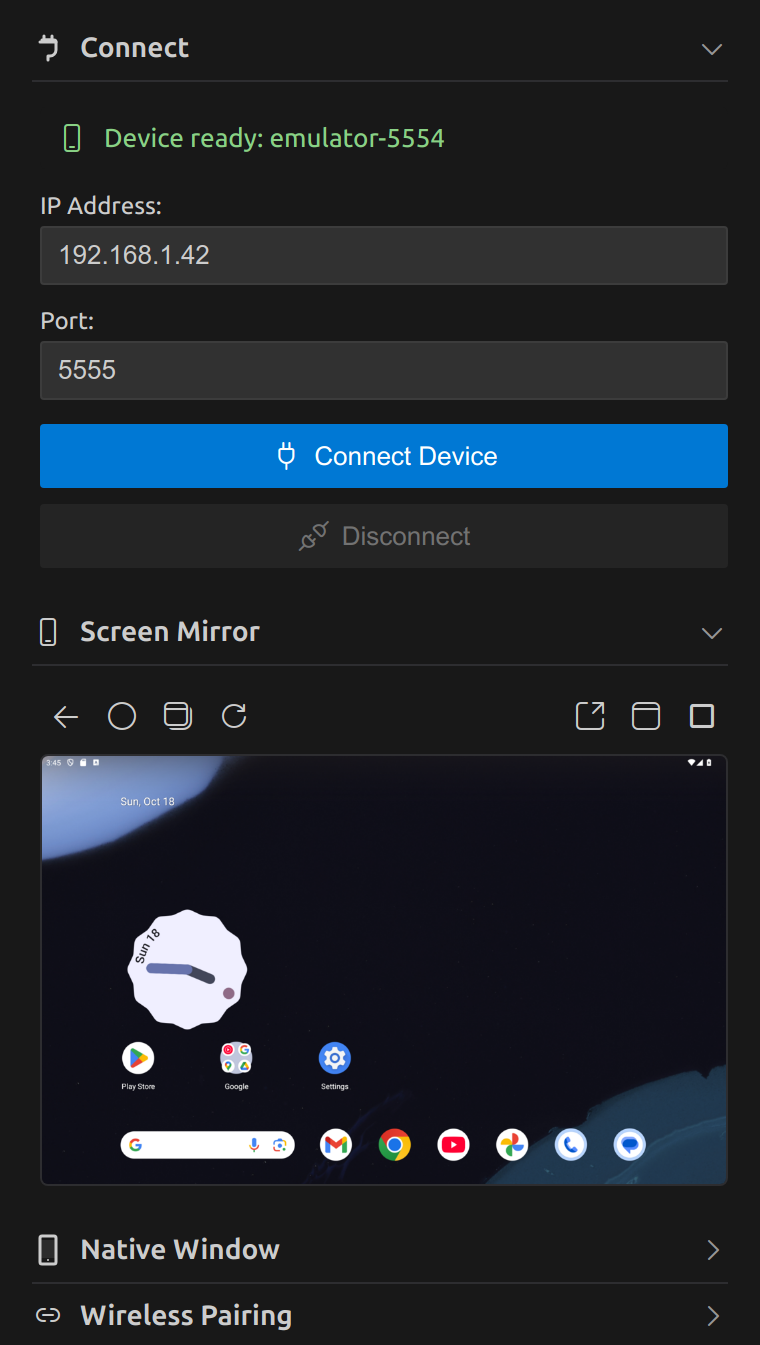 DroidBridge sidebar showing a live tablet home screen